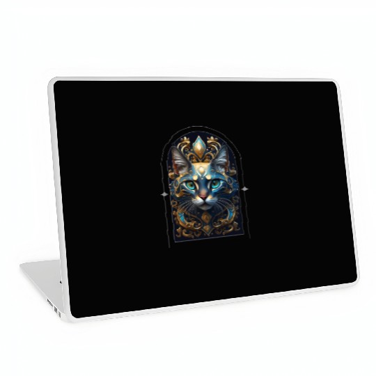 Elegant stylish blue and gold cat face Laptop Skins