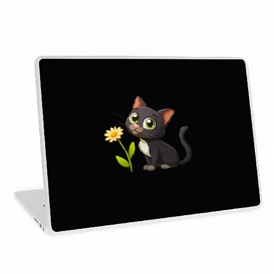 Black kitten and yellow flower Laptop Skins