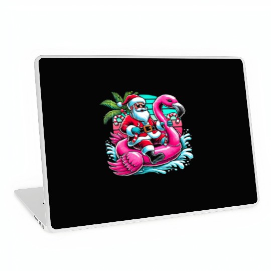 Santa Riding Flamingo in Tropical Christmas Fun Laptop Skins