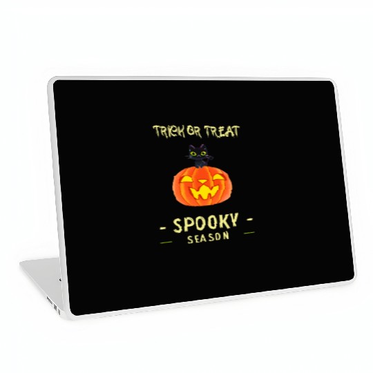 Spooky Season Trick or Treat Cat on Pumpkin Laptop Skins