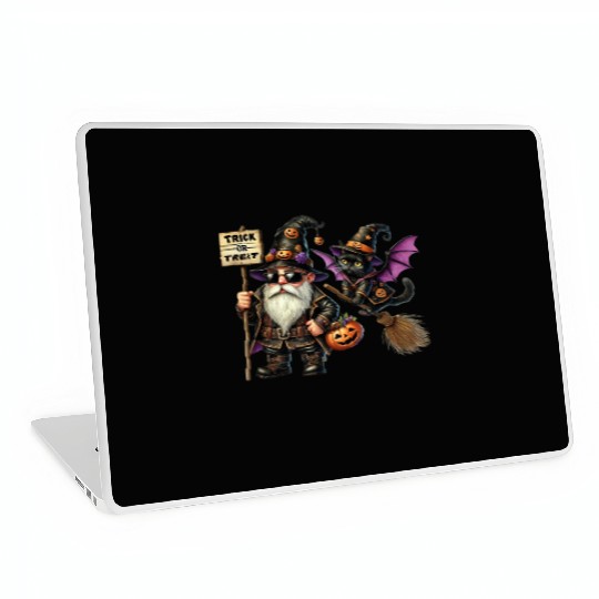 Halloween Trick or Treat Wizard Gnome and Cute Cat Laptop Skins