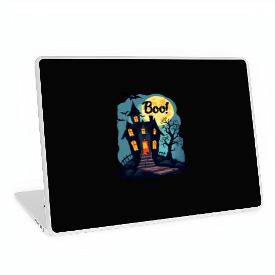 spooky haunted house with a black cat sitting Laptop Skins
