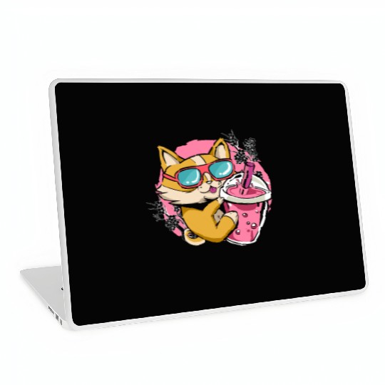 Kitten Kawaii Boba Milk Tea Drinking Cat Laptop Skins
