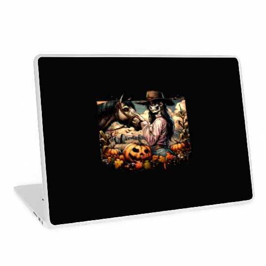 Haunting Cowgirl and Horse in Halloween Graveyard Laptop Skins