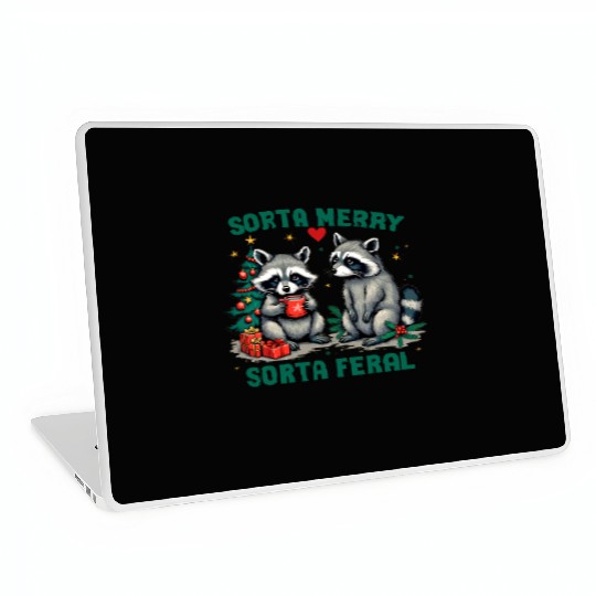 Sorta Merry Sorta Feral Funny Raccoon Christmas Laptop Skins