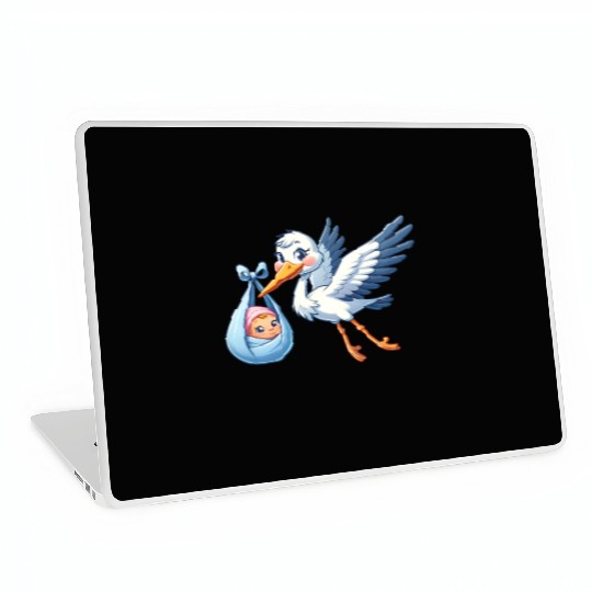 Stork Carrying Newborn Baby in Blue Blanket - Laptop Skins