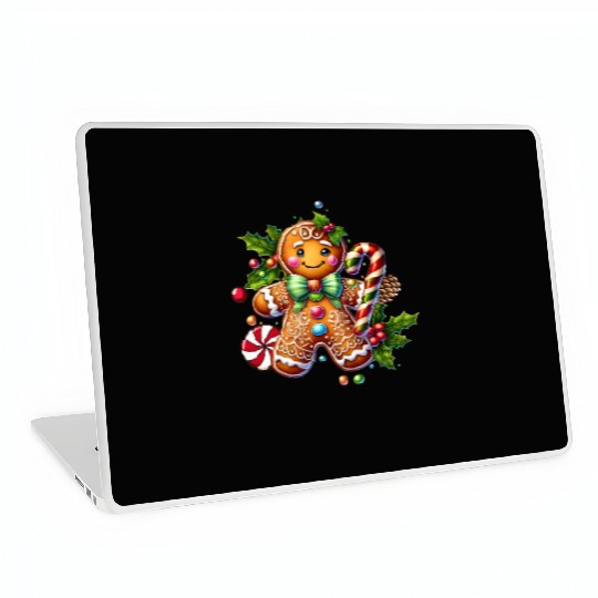 Happy gingerbread man with candy cane Laptop Skins
