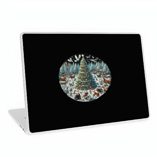 Snow-Dusted Christmas Tree with Woodland Animals Laptop Skins