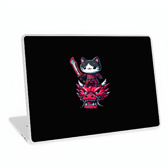 Samurai Cat with Sword on Dragon in Epic 3D Effect Laptop Skins