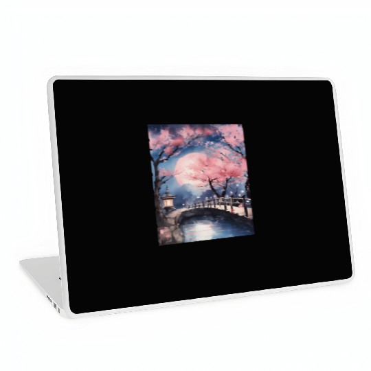Watercolor cherry blossom festival full moon Laptop Skins