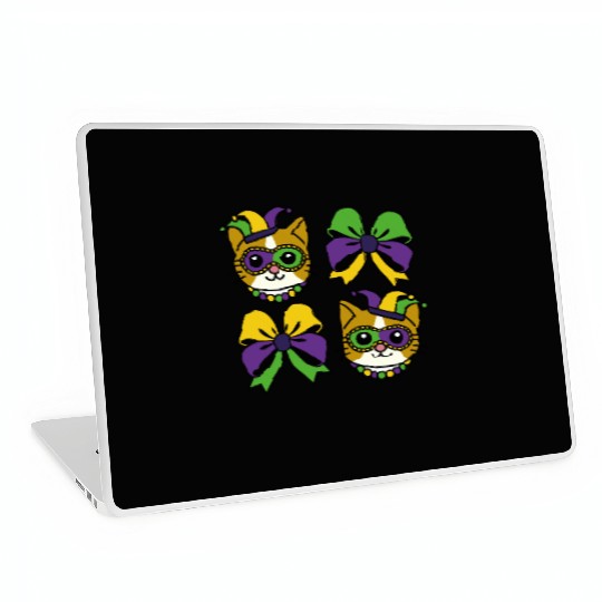 Mardi Gras Cat with Colorful Bows Laptop Skins