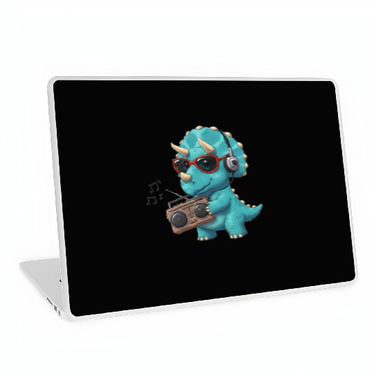 Dino cartoon triceratops listening to music Laptop Skins