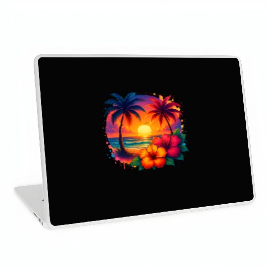 Tropical Sunset Palm Trees and Hibiscus Laptop Skins