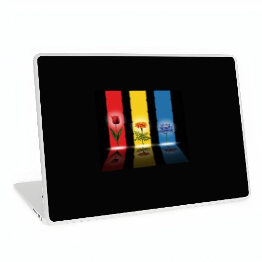 Three Glowing Flowers: Red, Gold, Blue Harmony Laptop Skins