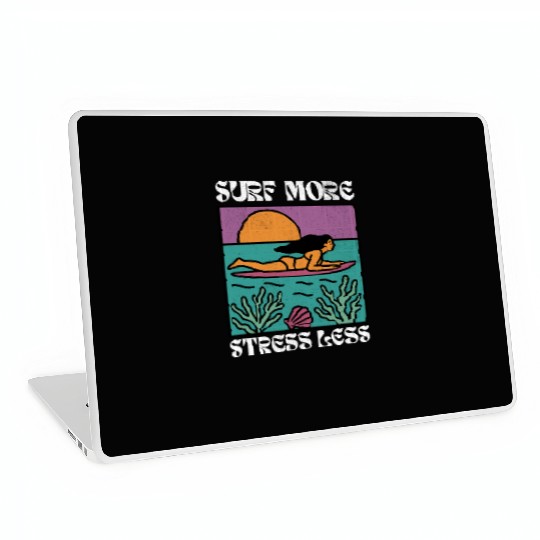 Surf More Stress Less | Tropical Sunset Surf Girl Laptop Skins