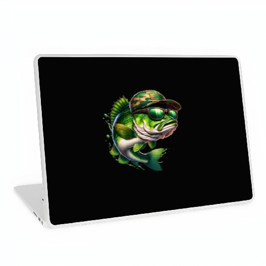 Camo Hat Bass Fish with Green Sunglasses Laptop Skins
