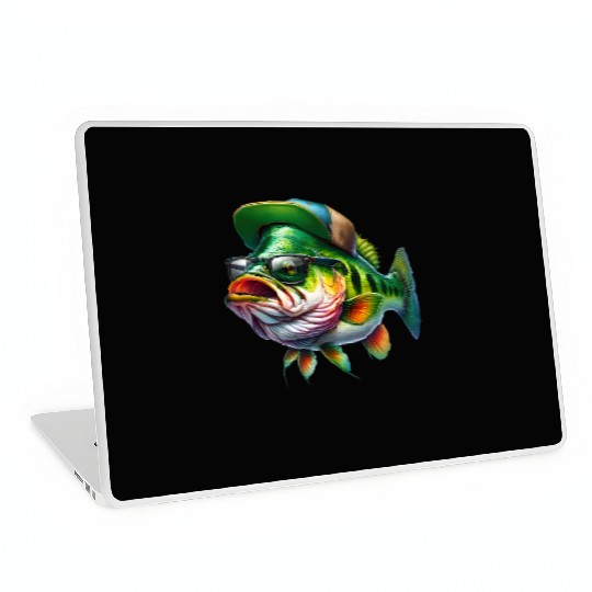 Cool Bass Fish with Green Hat and Glasses Laptop Skins