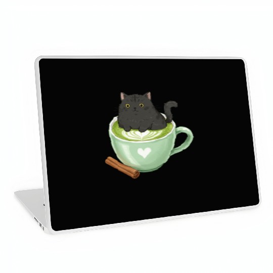 Charming Cat in Green Matcha Cup Laptop Skins