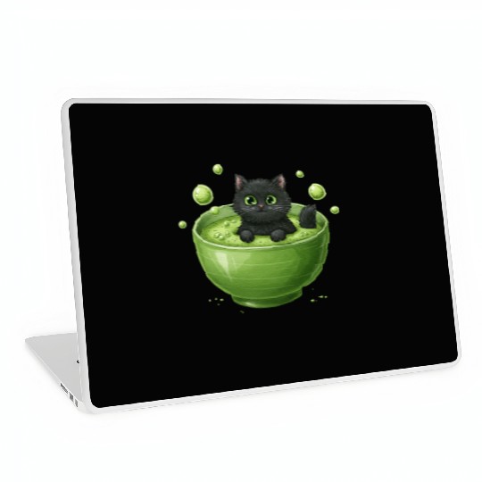 Black Cat in Green Tea Bubble Bath Laptop Skins