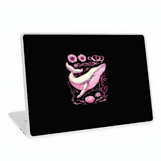 Pink Whimsical Whale with Floral Accents Laptop Skins