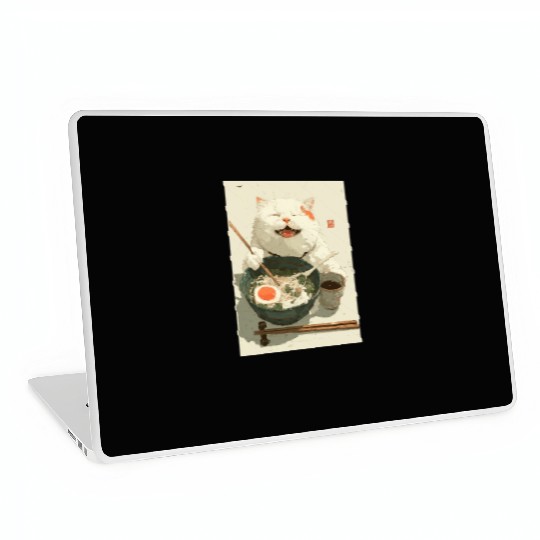 Happy White Cat Eating Ramen Laptop Skins