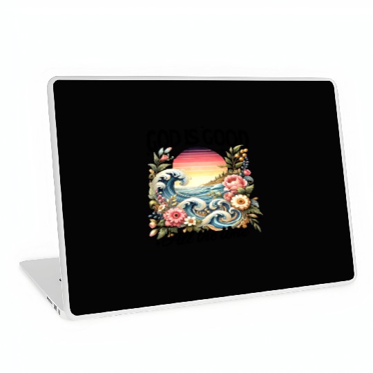 Elegant Wave and Floral Sunset Scene - GOD IS GOOD Laptop Skins