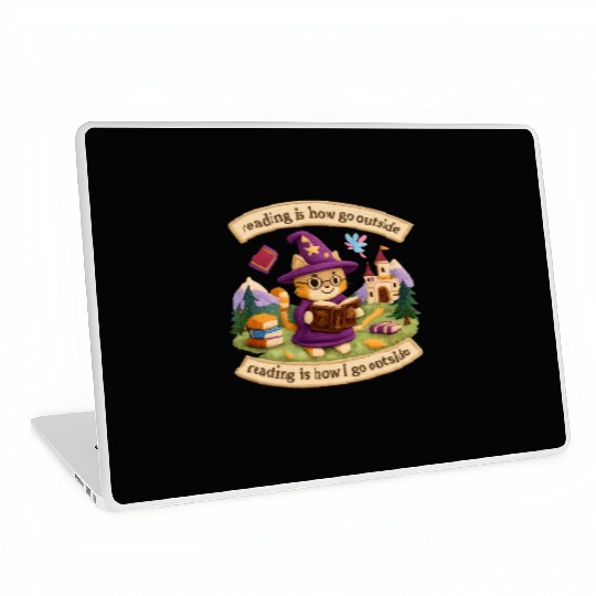 Whimsical Cat Wizard Reading Laptop Skins