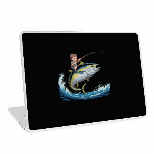 Joyful young boy rides massive jumping tuna Laptop Skins