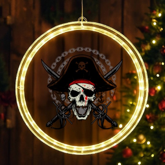 Ahoy Buccaneers Avast Ye motif of Pirate Skull LED Christmas Window Lights