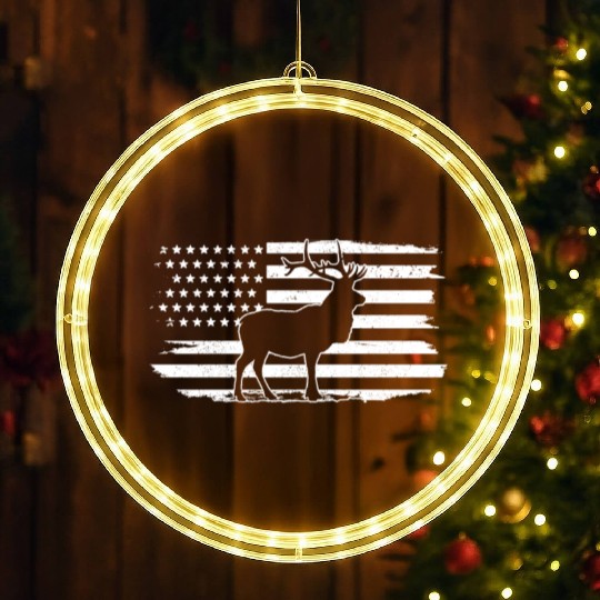Elk American Flag Ptriotic Hunting Hunter Gift LED Christmas Window Lights