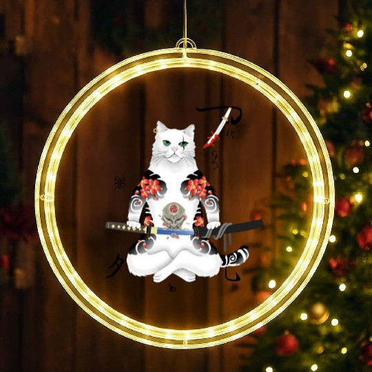 Japanese Samurai Cat Katana Ninja Yakuza Tattoo LED Christmas Window Lights