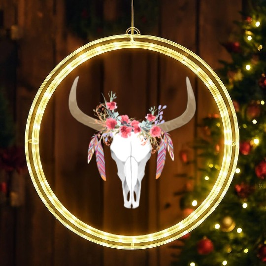 Floral Cow Skull With Feathers Bull Skull LED Christmas Window Lights