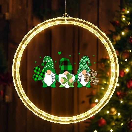 Three Gnomes Holding Shamrock Leopard Plaid LED Christmas Window Lights
