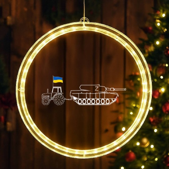 Ukrainian Tractor Pulling Tank With Ukraine Flag LED Christmas Window Lights