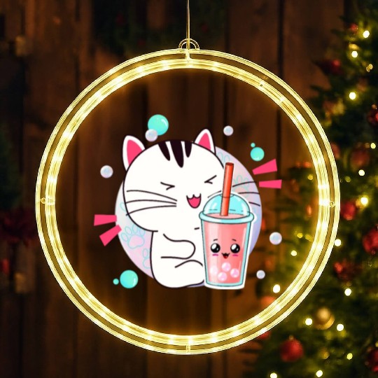 Kawaii Anime Cat Bubble Tea Fan LED Christmas Window Lights