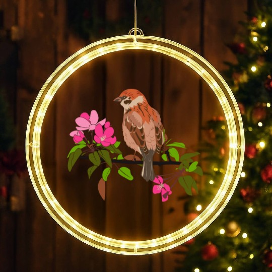Sparrow on a branch pink flowers of an apple tree LED Christmas Window Lights