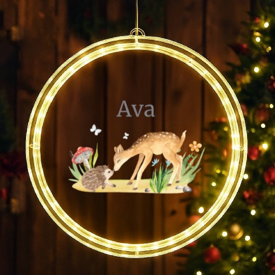 Forest Animal Deer Hedgehog Flowers Name Ava LED Christmas Window Lights