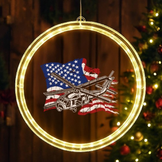 Helicopter with american flag background - chopper LED Christmas Window Lights