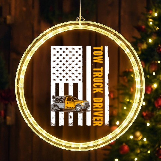 US Flag Tow Truck Driver LED Christmas Window Lights