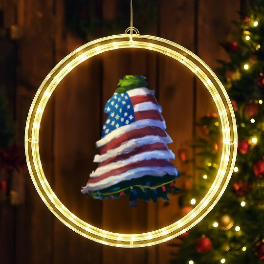 Patriotic Christmas Tree Wrapped In US Flag LED Christmas Window Lights