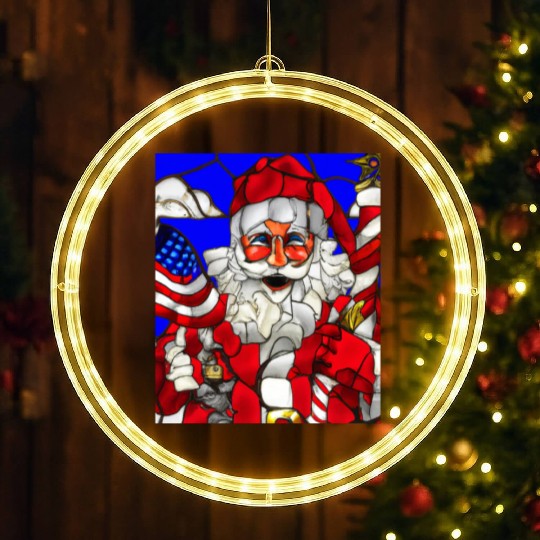 Patriotic Christmas Santa With US Flag stained LED Christmas Window Lights