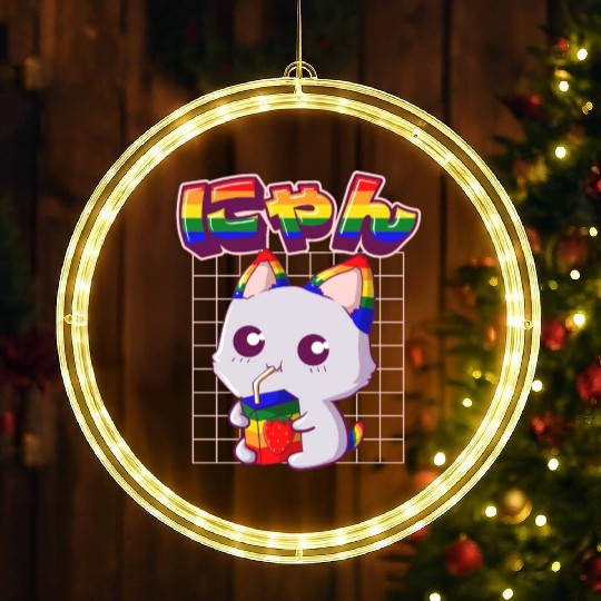 Gay Pride Kawaii Cat Strawberry Milk Rainbow Flag LED Christmas Window Lights