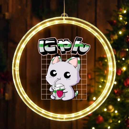 Demiromantic Pride Kawaii Cat Strawberry Milk LED Christmas Window Lights