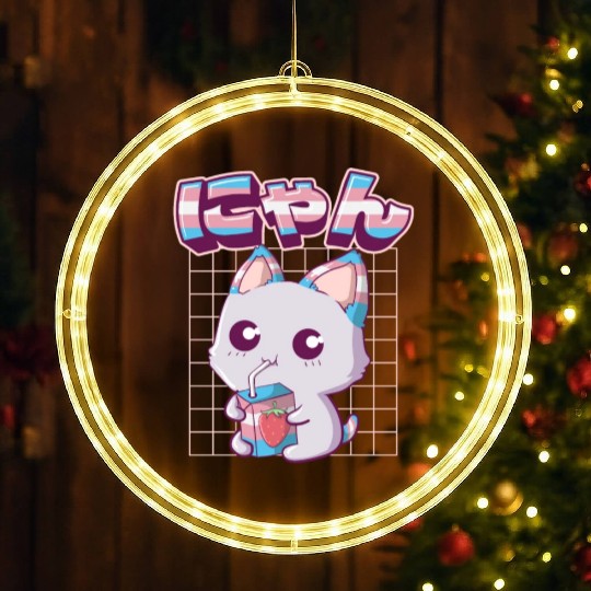 Transgender Pride Kawaii Cat Strawberry Milk Trans LED Christmas Window Lights