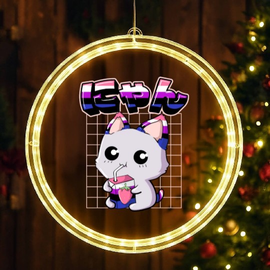 Genderfluid Pride Kawaii Cat Strawberry Milk LED Christmas Window Lights