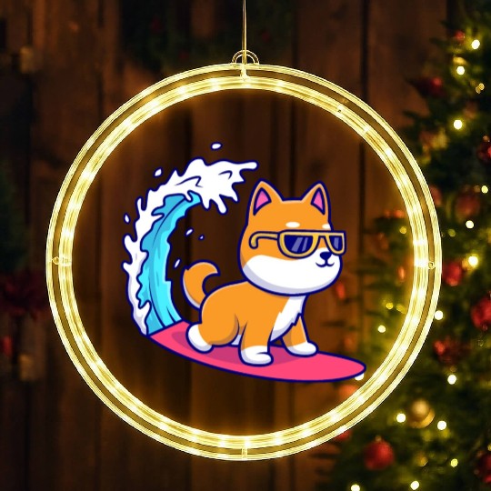 Cute Shiba Inu Dog Surfing in Sea LED Christmas Window Lights