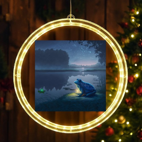 Blue Frog and Firefly on a pond at Night LED Christmas Window Lights