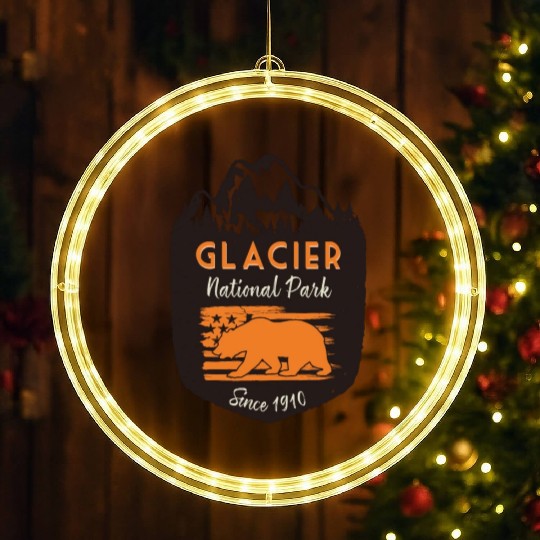 Glacier National Park US Flag Grizzly Bear LED Christmas Window Lights