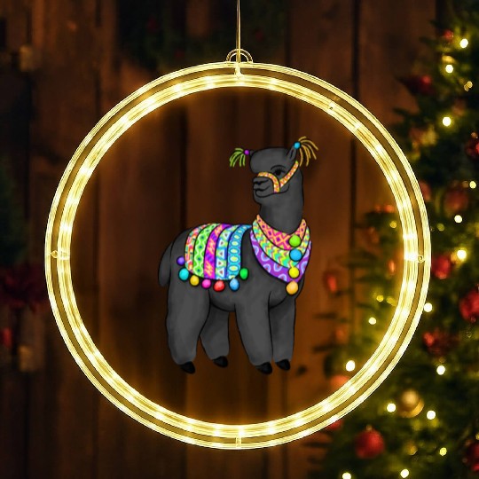 Black Alpaca in Peruvian folk colors and tassels LED Christmas Window Lights