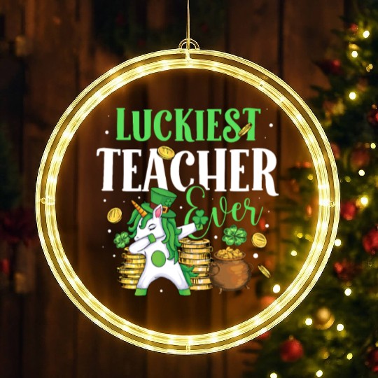Luckiest Teacher Ever Unicorn St. Patricks Day LED Christmas Window Lights